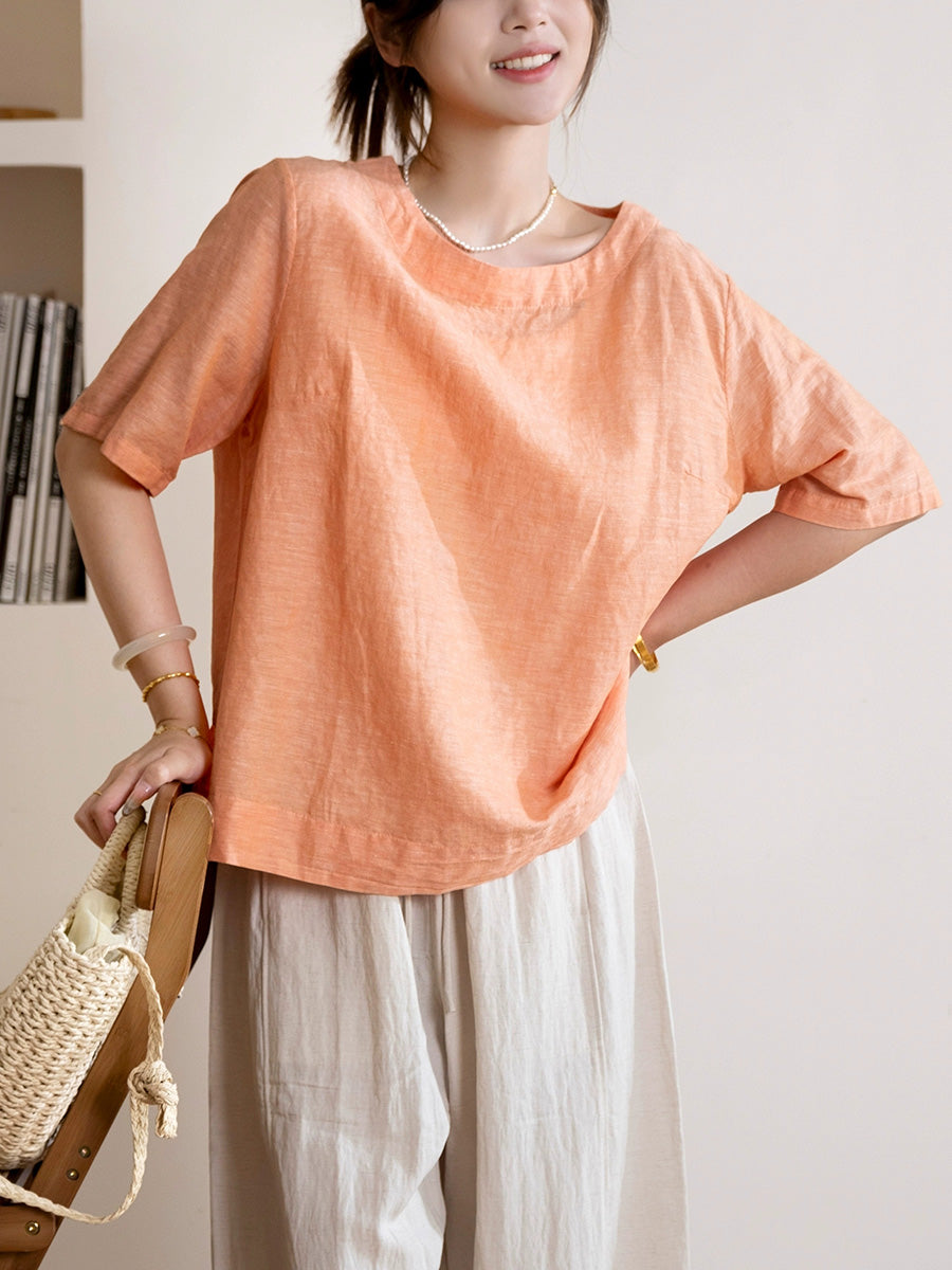 Women Summer Casual Pure Color Linen Cotton O-Neck Shirt