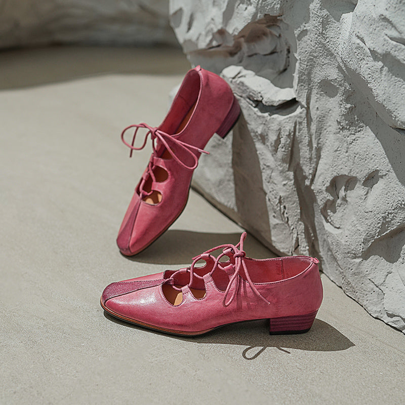 Elegant Washed Horse Leather Mary Jane Shoes with Cross-Strap Design Pink/Grey/Blue