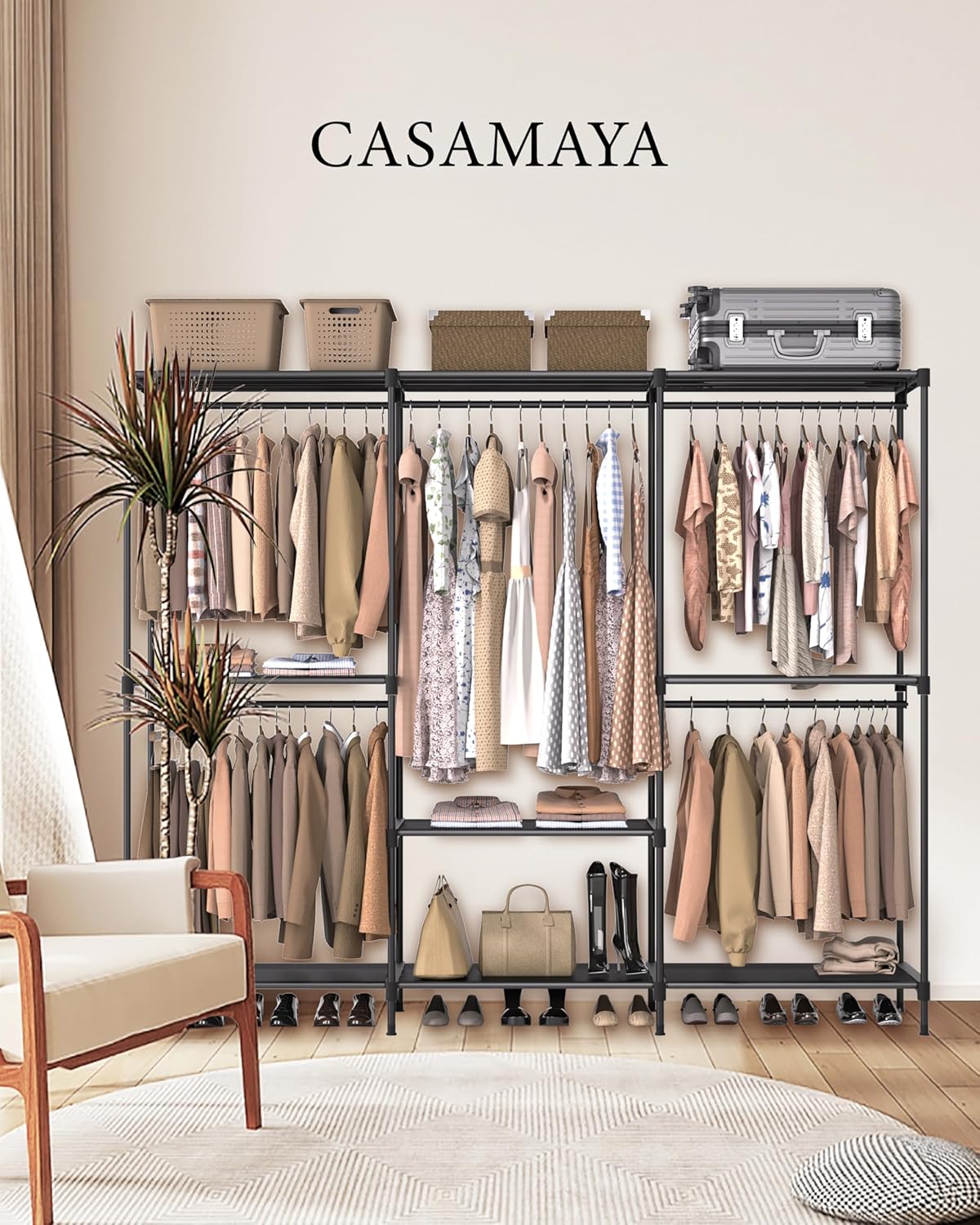 Clothes Rack, Portable Closet, 54.3 Inch Large Capacity Wardrobe Closet, Clothes Storage Organizer with Shelves and 3 Hanging Rods, Easy to Assembly, Black PCT022B01