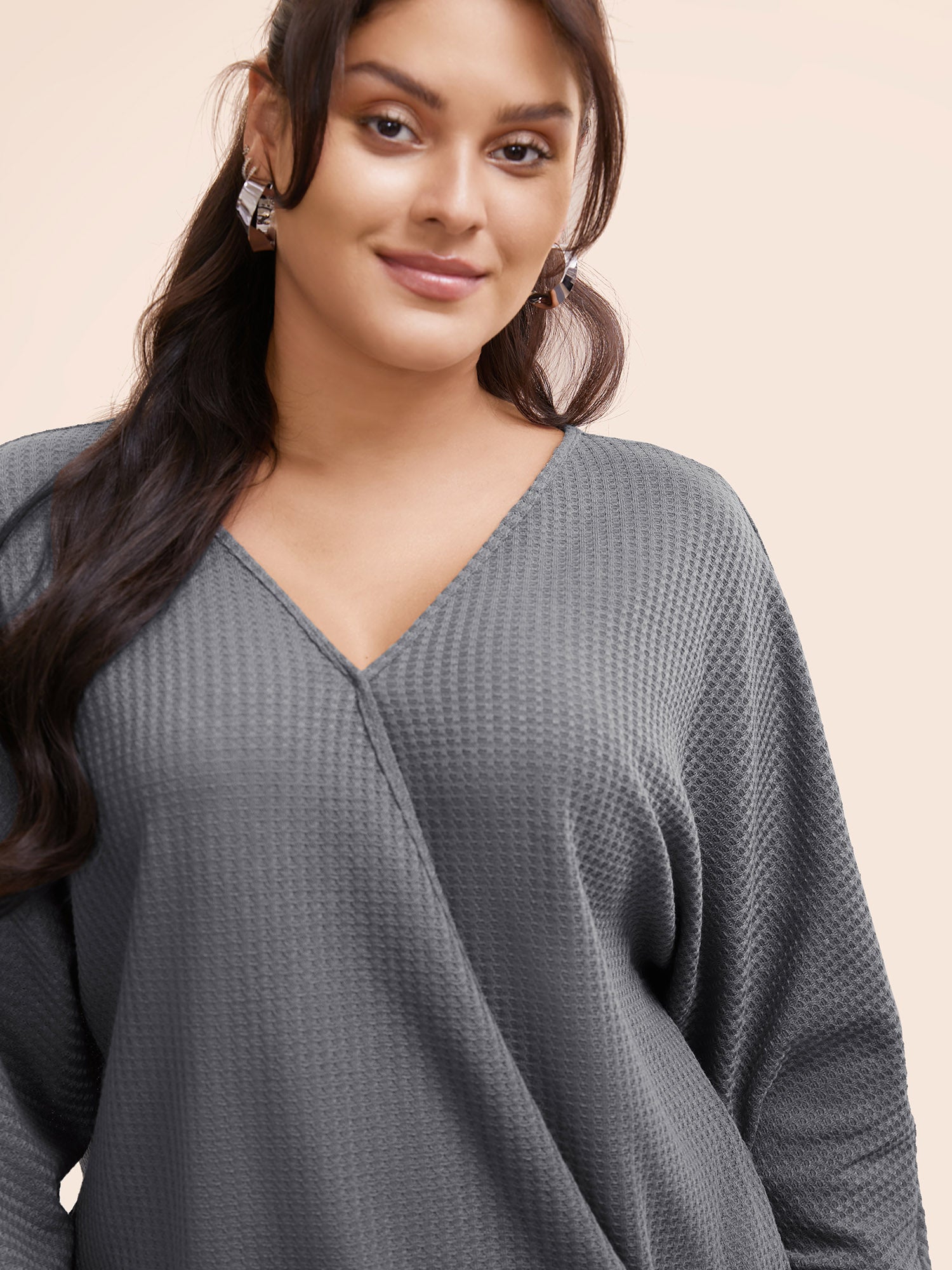 Solid Waffle Knit Wrap Long Sleeve T-shirt