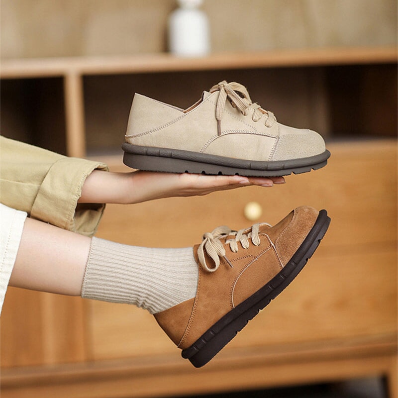Handmade Soft Leather Oxfords & Tie Flats For Women Barefoot Shoes  in Brown/Beige