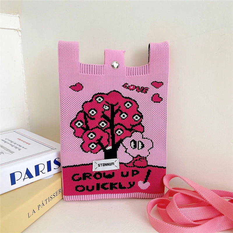 Women's Small Knit Cartoon Cute Bucket Lock Clasp Phone Wallets