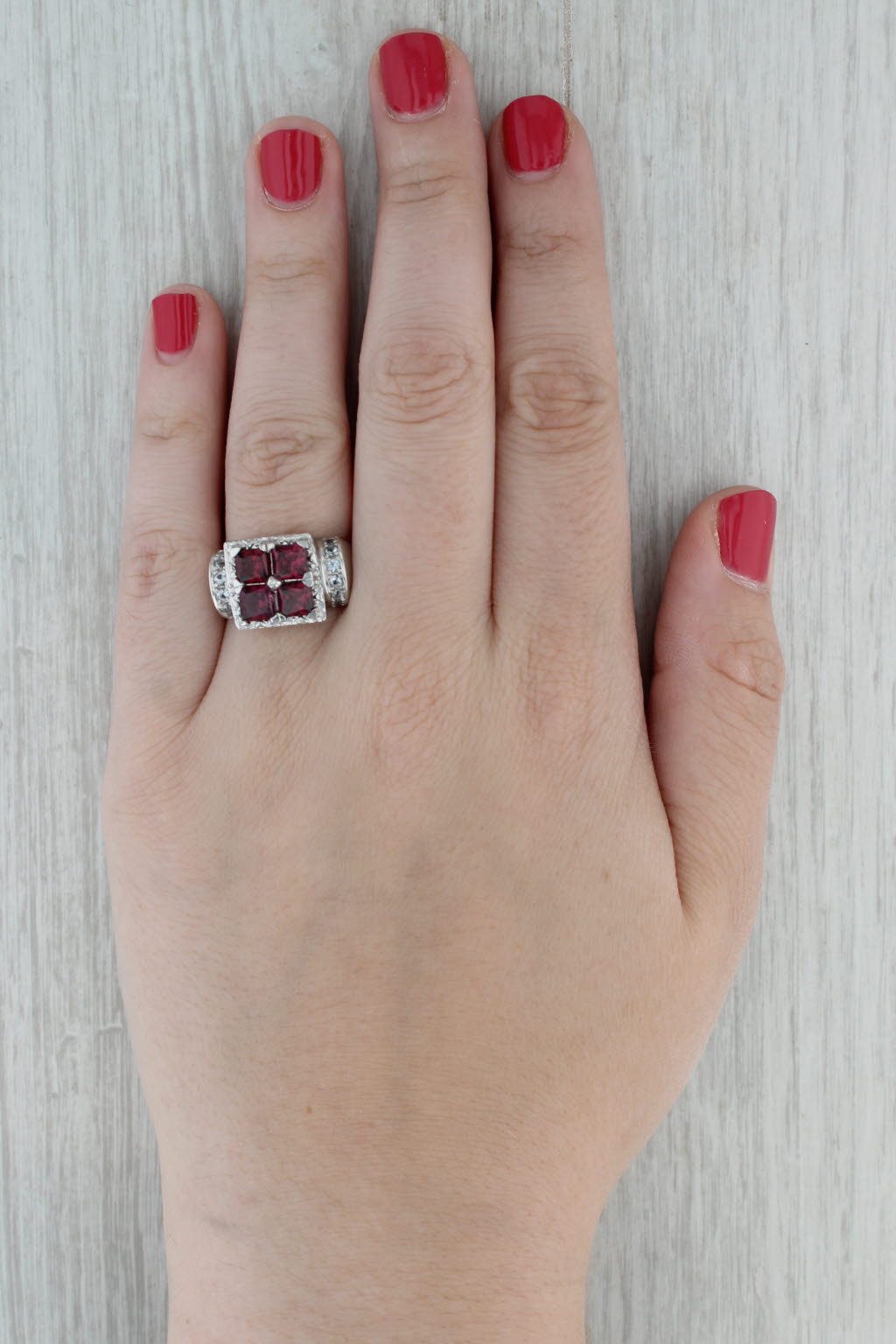 Rhodolite Garnet White Topaz Sapphire Ring 14k White Gold Size 9 Cocktail