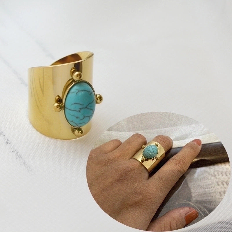 Retro U Shape Stainless Steel Inlay Natural Stone Shell 14k Gold Plated Open Ring