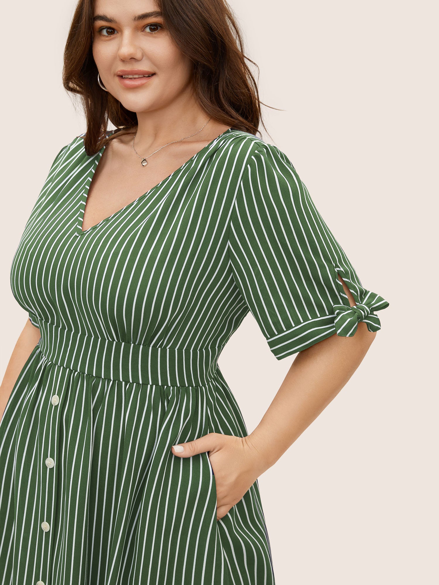 Striped Knot Sleeve Button Detail Dress