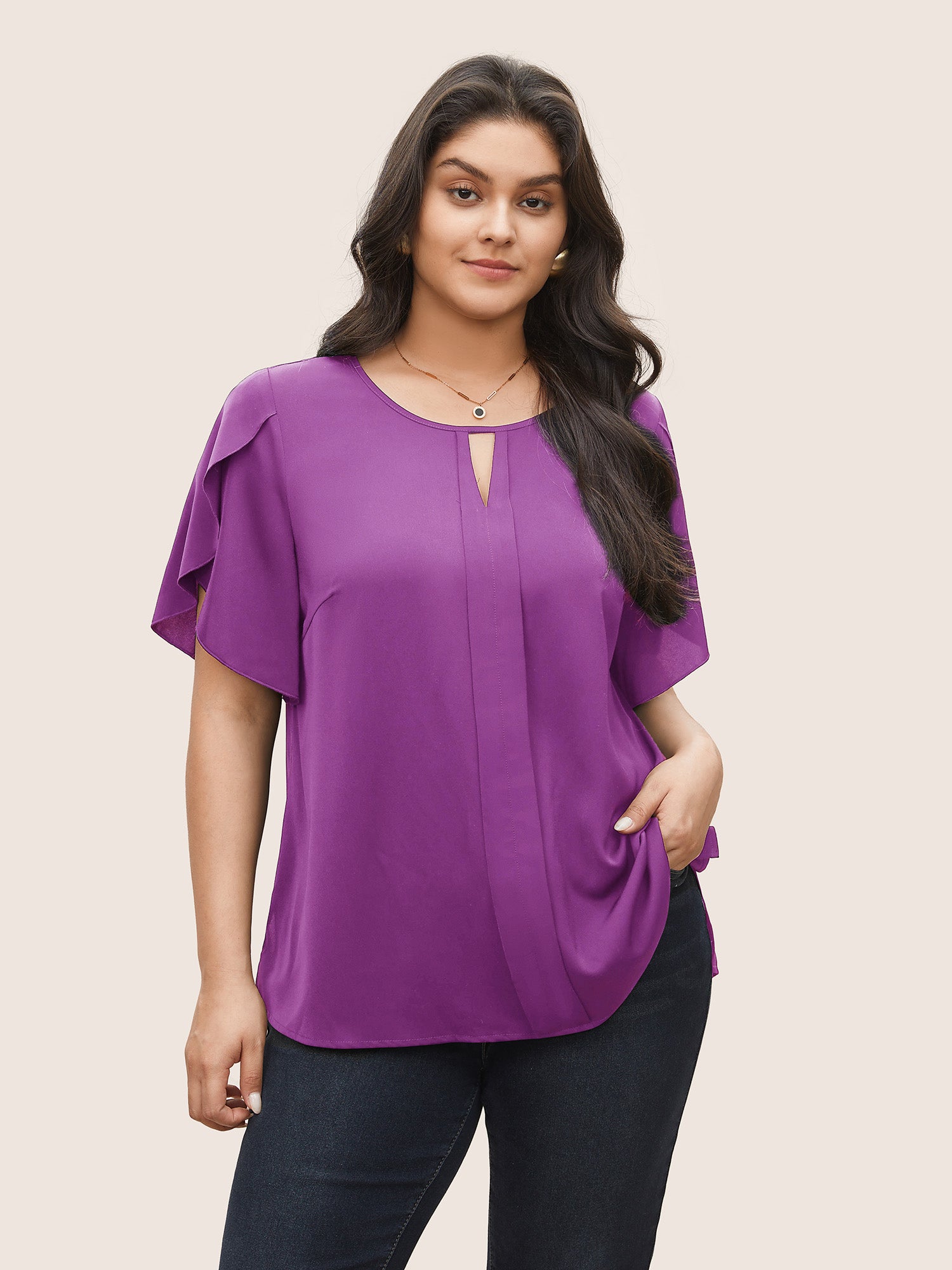 Solid Keyhole Petal Sleeve Pleated Blouse