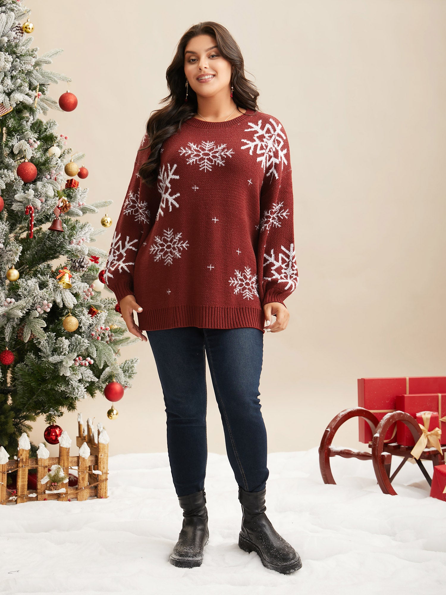 Snowflakes Pattern Drop Shoulders Pullover