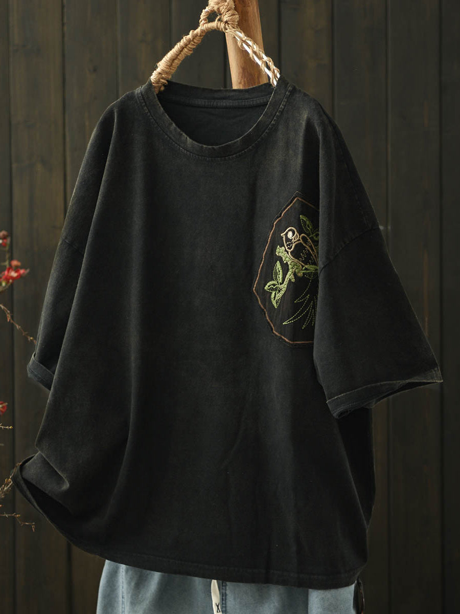 Women Summer Retro Embroidery O-Neck Cotton Shirt