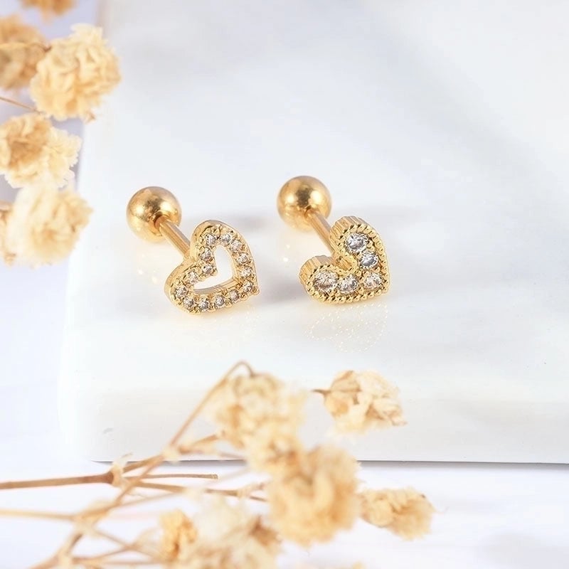 2 Pieces IG Style Minimalist Moon Heart Shape Flower Inlay 304 Stainless Steel Zircon Ear Studs