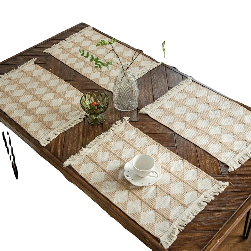 Table Runner Cotton Thread Rhombus Contrast Color Stitching Woven Tassel Natural Material  Holiday