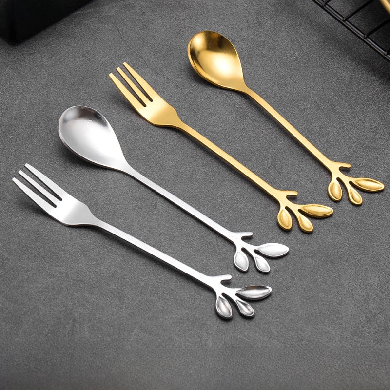 Stainless Steel Creative Leaf Spoon Fork Coffee Spoon Dessert Spoon Gold-plated Fruit Fork Honey Mixing Spoon Ice Cream Spoon