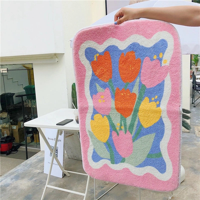 Fresh Bathroom Floor Door Mat Bathroom Non-Slip Tulip Girl Bedside Pad Soft Thick Cute Door Mat