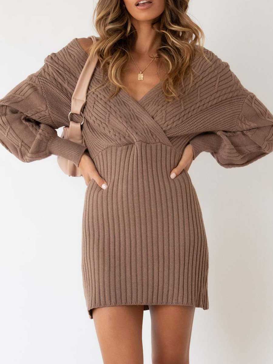 V-neck Sexy Twist Mid-length Women's Sweater Wrap Skirt