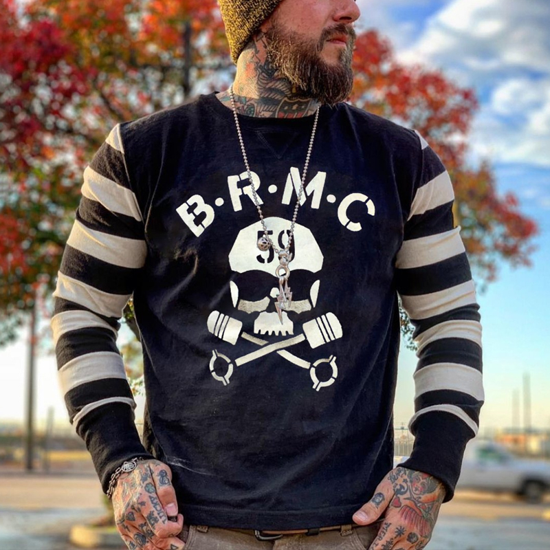 Retro sleeve striped round neck Casual T-shirt