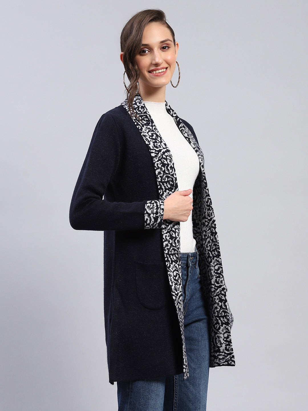 Women Navy Blue Printed Notch Lapel Collar Full Sleeve Cardigan