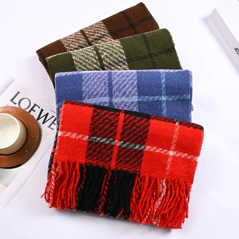 Winter New Plaid Cashmere Scarf Tassel Loop Yarn Warm Scarf Shawl Unisex