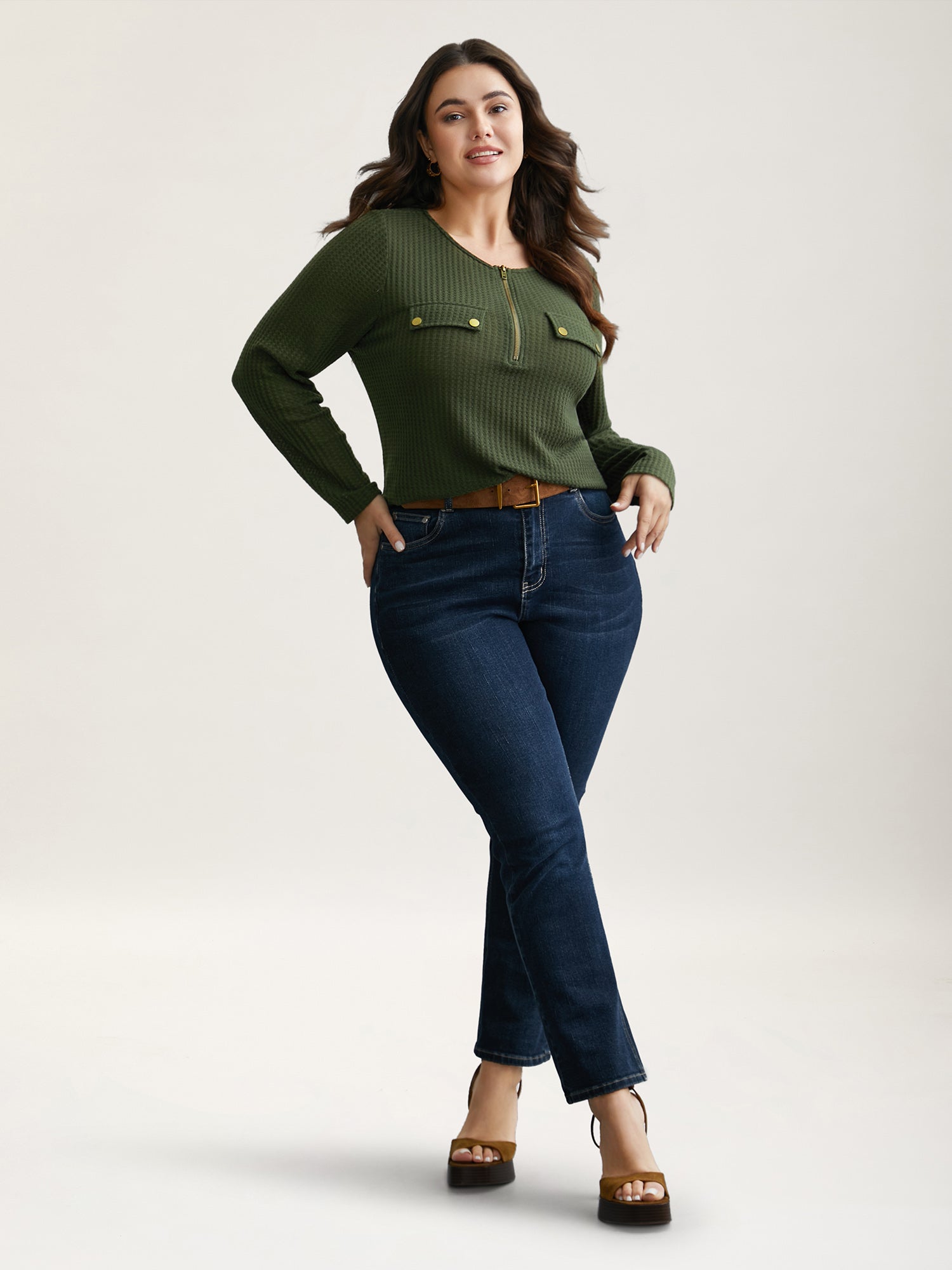Half Zipper Flap Detail Pockets Knit Top