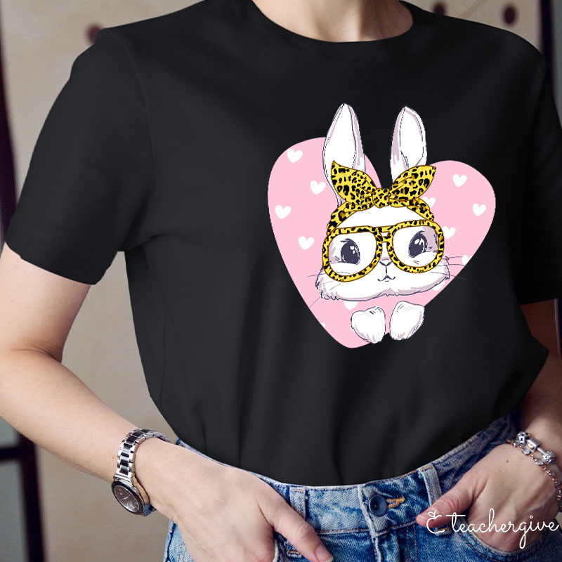 Bunny Face Leopard Glasses Poping Out Of A Heart Teacher T-Shirt