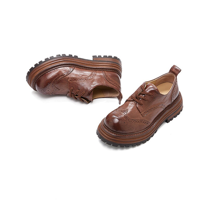 Handmade Leather Chunky Wingtip Full Brogue Oxfords for Women in Brown/Black
