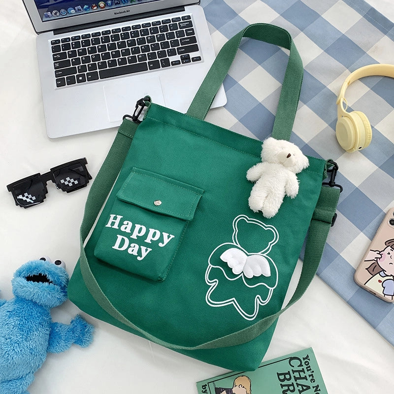 Women's Large Canvas Letter Little Bear Classic Style Zipper Canvas Bag