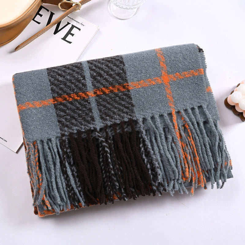 Winter New Plaid Cashmere Scarf Tassel Loop Yarn Warm Scarf Shawl Unisex