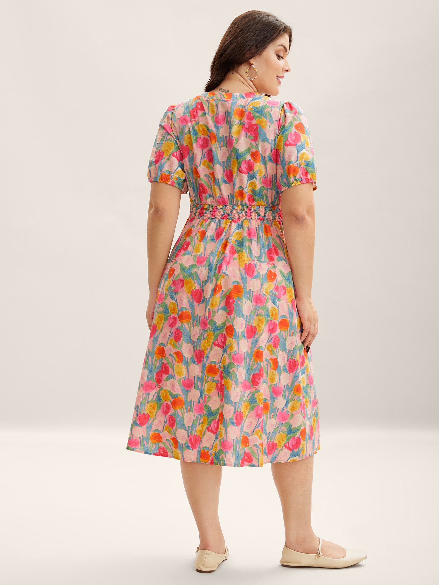Cotton Rosy Garden Shirred Waist Pockets Midi Dress
