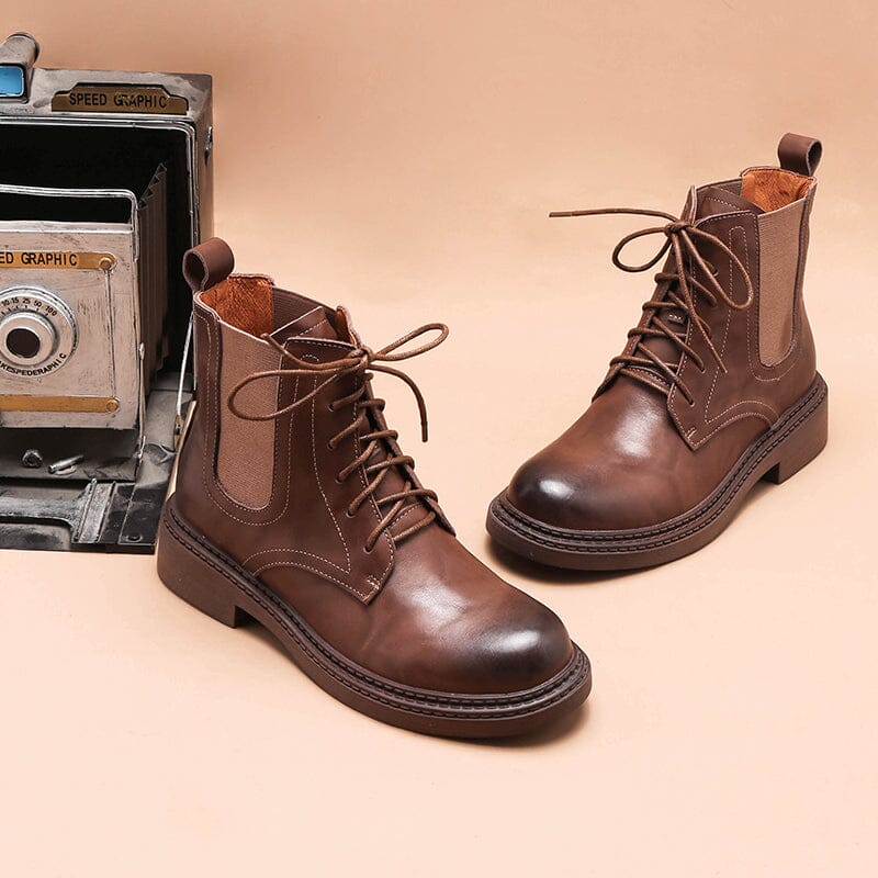 Handmade Martin Boots Women Leather Lace-Up Oxfords Round Toe Chunky Ankle Booties