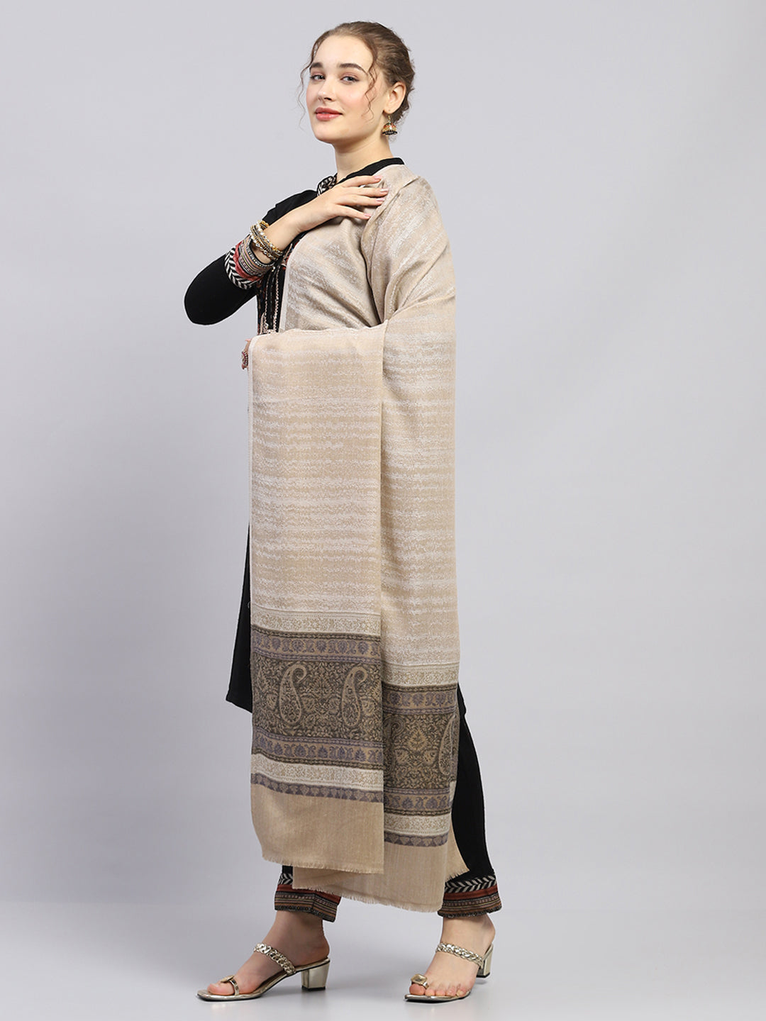 Women Beige Self Design Shawl