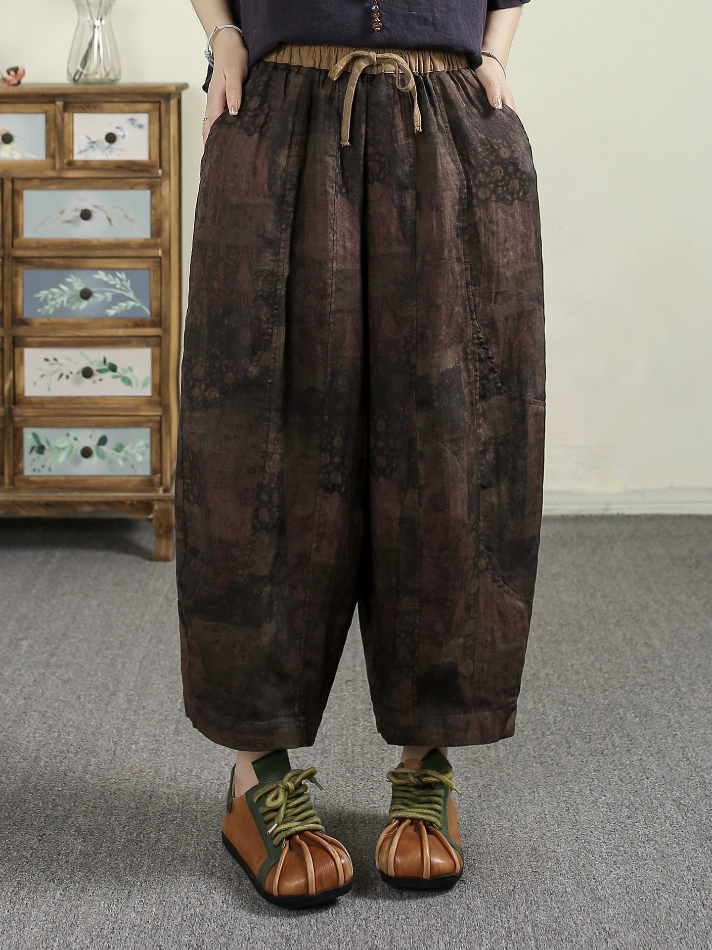 Women Summer Ethnic Print 100%Ramie Harem Pants