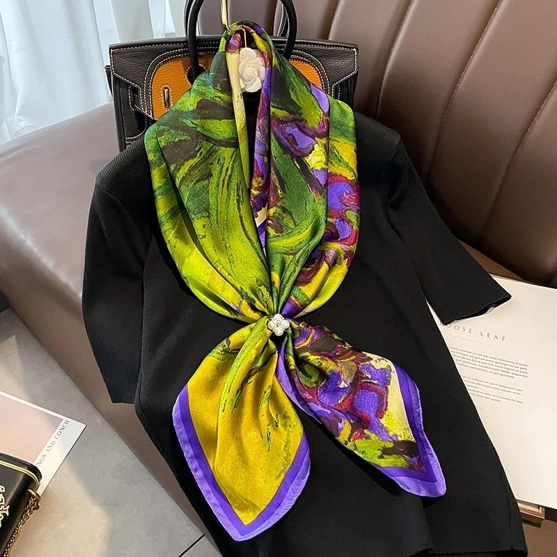 Fashion Light Luxury 90cm Simulation Silk Scarf Simple Striped Large Square Scarf