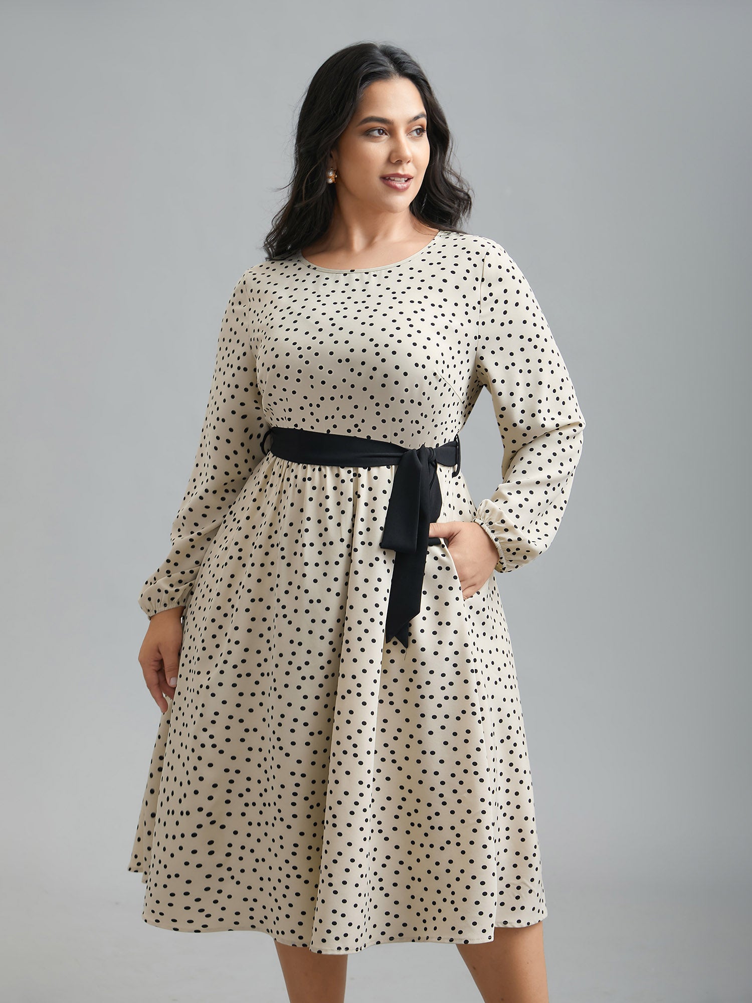 Round Neck Polka Dot Waist-Tie Midi Dress