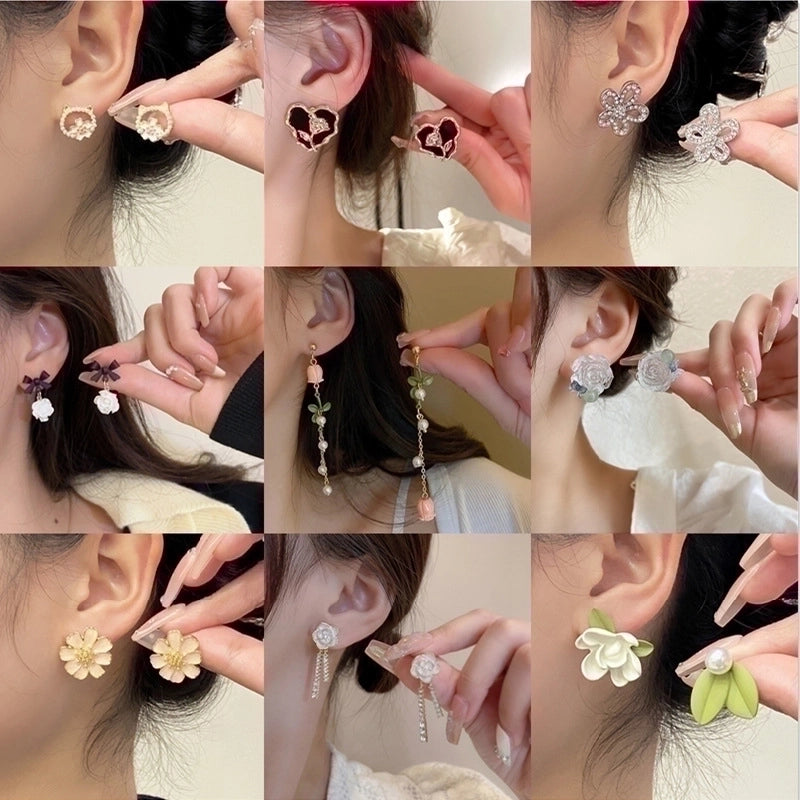 3 Pieces Sweet Heart Shape Rose Flower Inlay Imitation Pearl Alloy Rhinestones Earrings