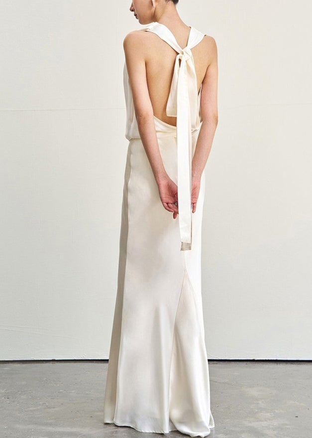 Slim Fit Beige Backless Lace Up Tops And Skirts Silk Two Piece Set Sleeveless