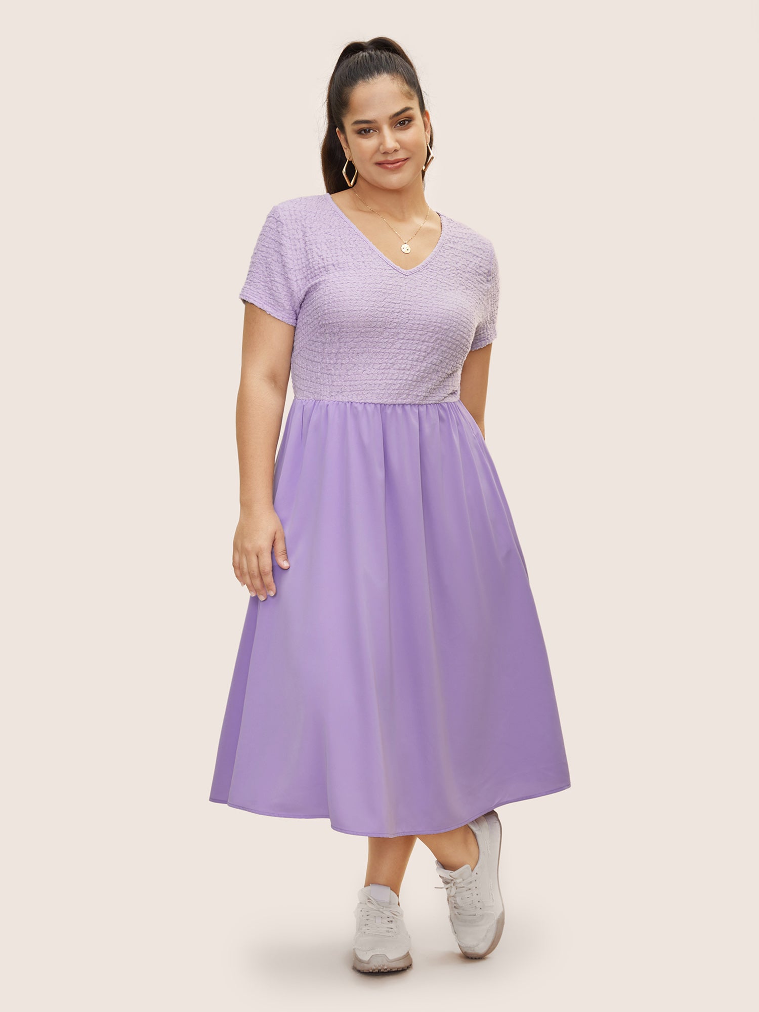 V Neck Solid Textured Patchwork Midi Dress