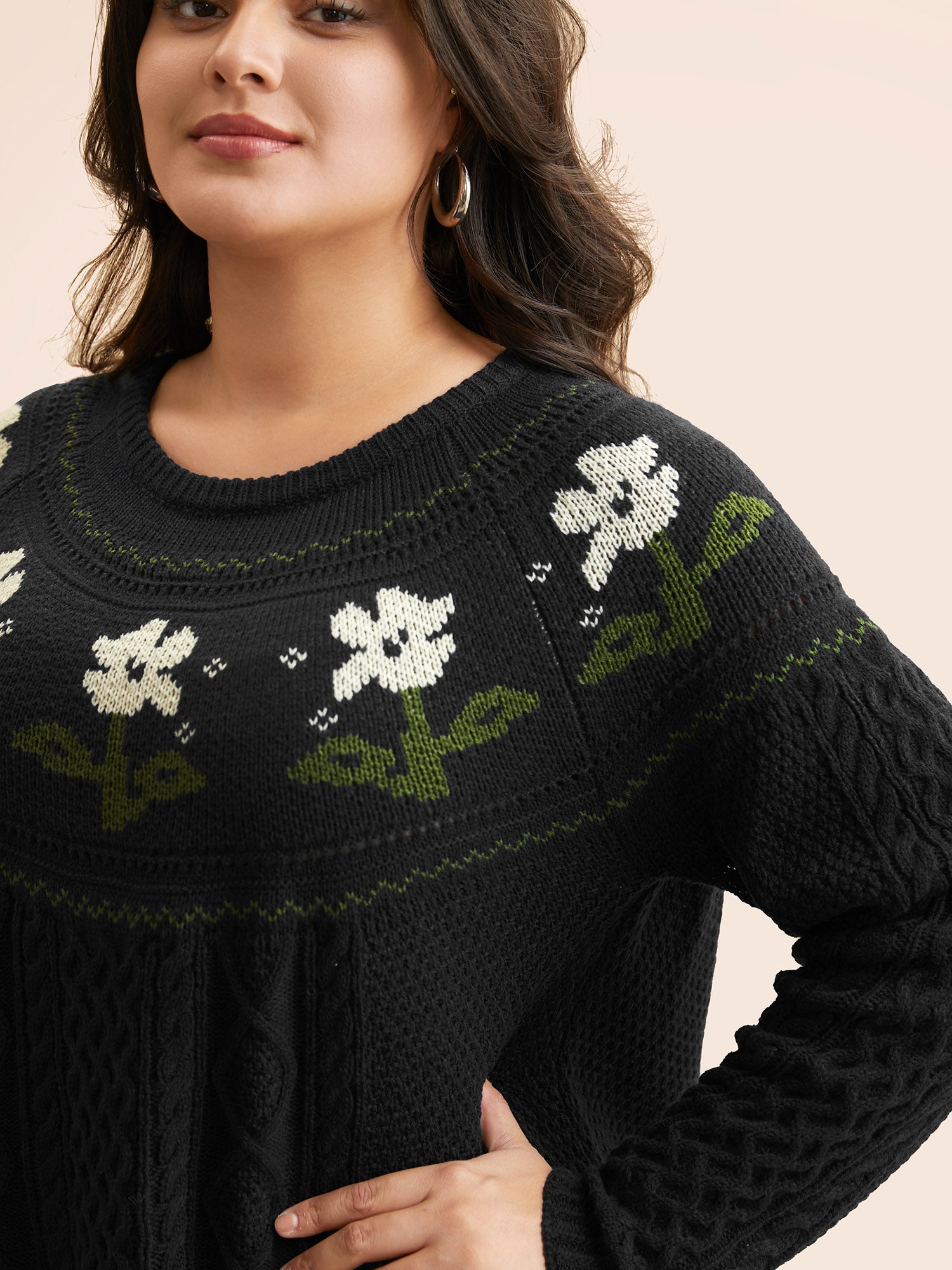 Floral Jacquard Raglan Sleeve Pullover