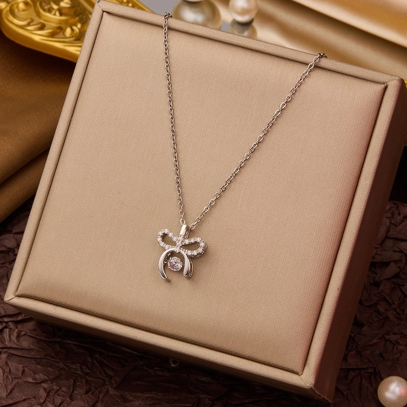 Elegant Minimalist Geometric Flower Bow Knot Titanium Steel Plating Pendant Necklace