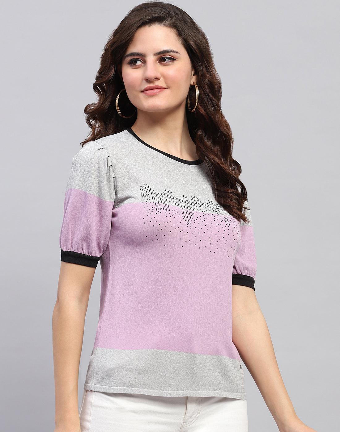 Women Grey Colourblocked Round Neck Half Sleeve Top