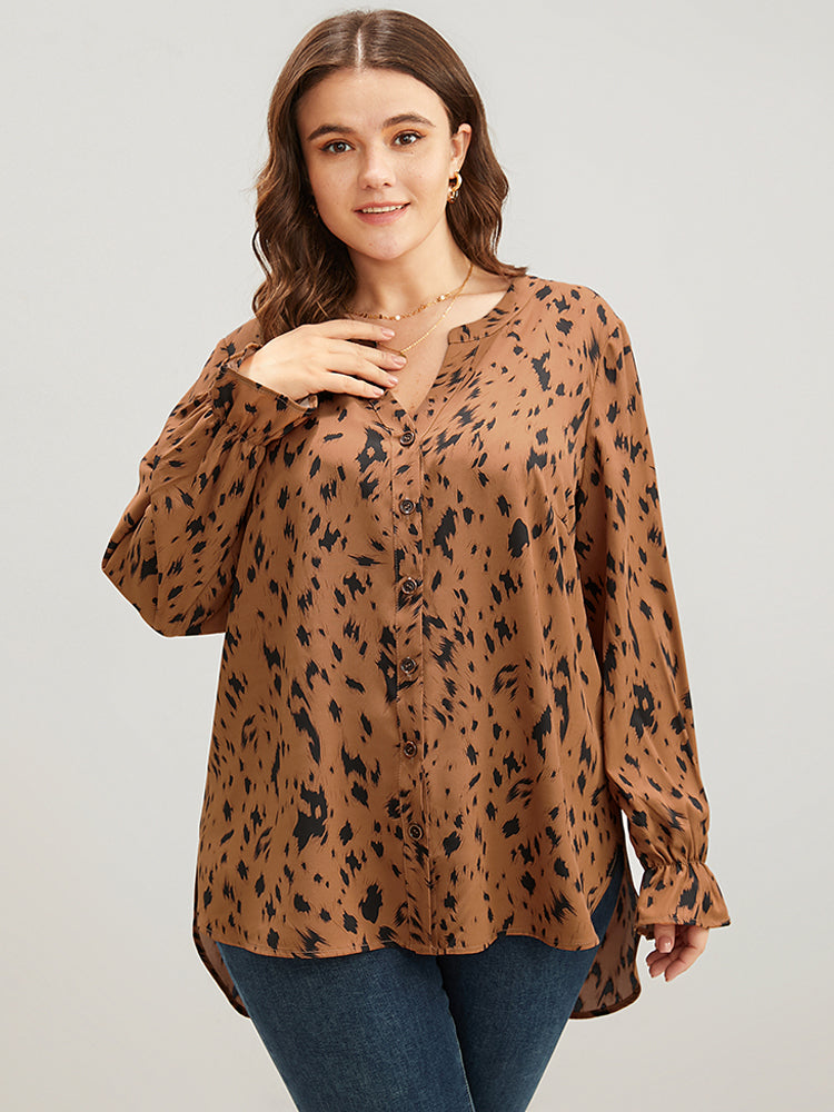 Leopard Print Button Up Split Hem V Neck Blouse