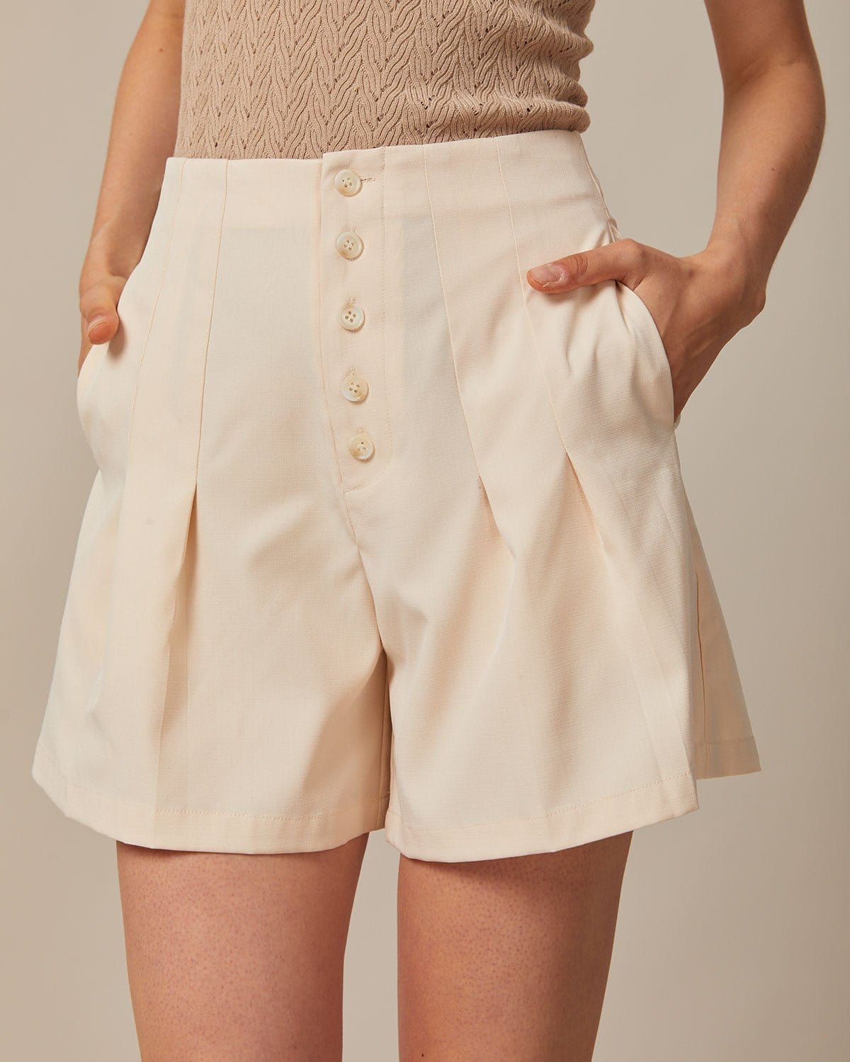 The Apricot Striped Pleated Button Up Shorts