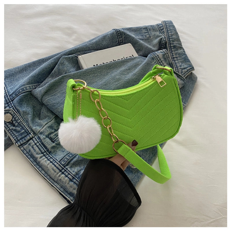 Women's Felt Solid Color Basic Fluff Ball Sewing Thread Dumpling Shape Zipper Shoulder Bag