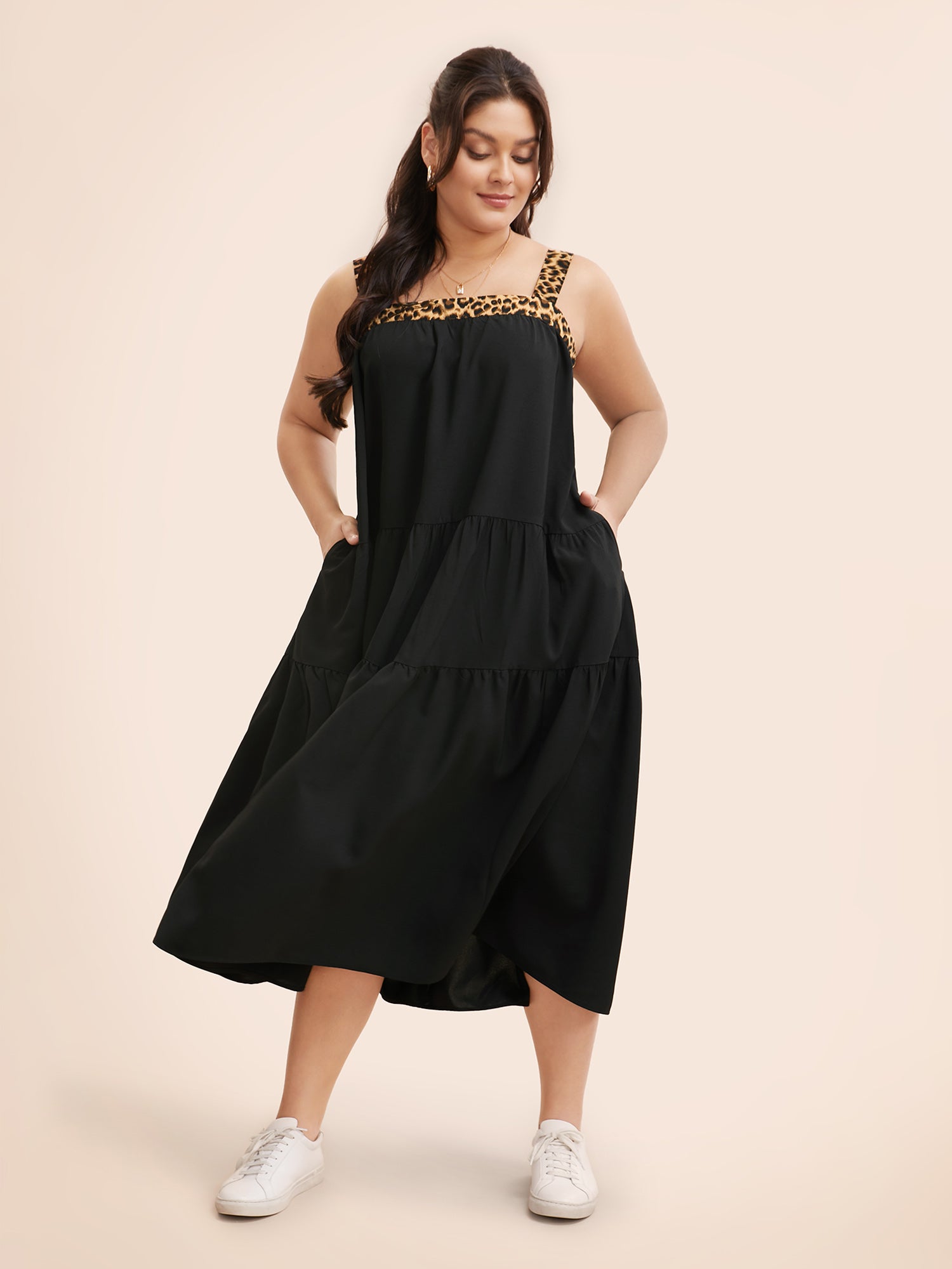 Leopard Patchwork Tie Knot Ruffle Layered Hem Dress