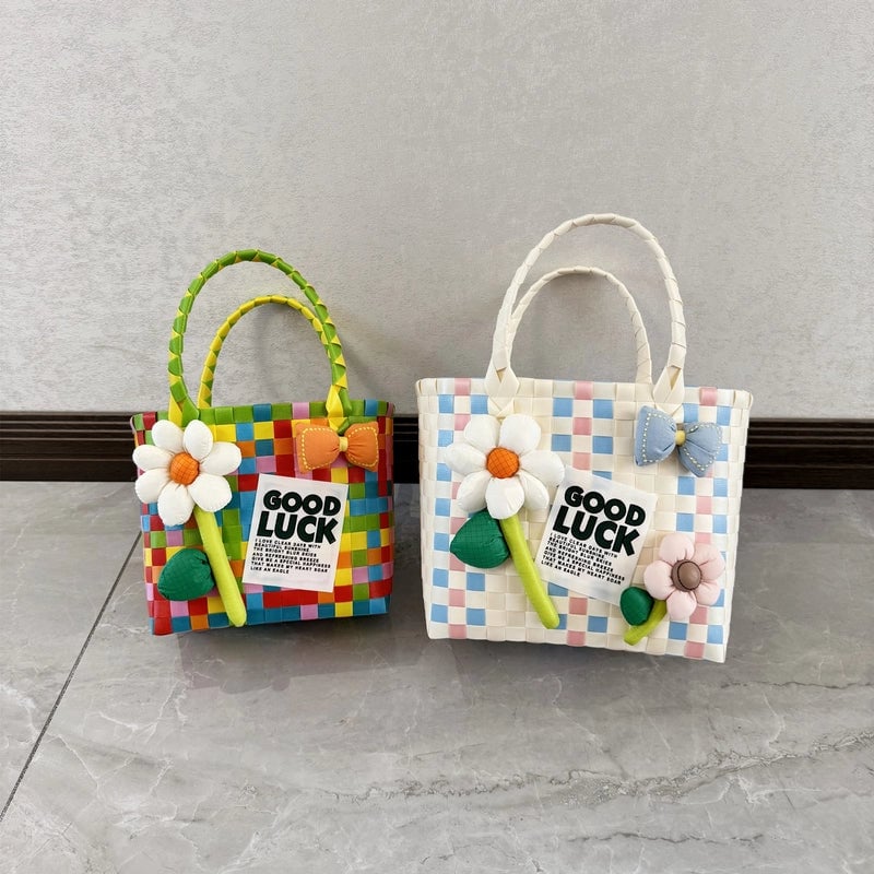 Women's PVC Color Block Plaid Vacation Weave Square Open Square Bag