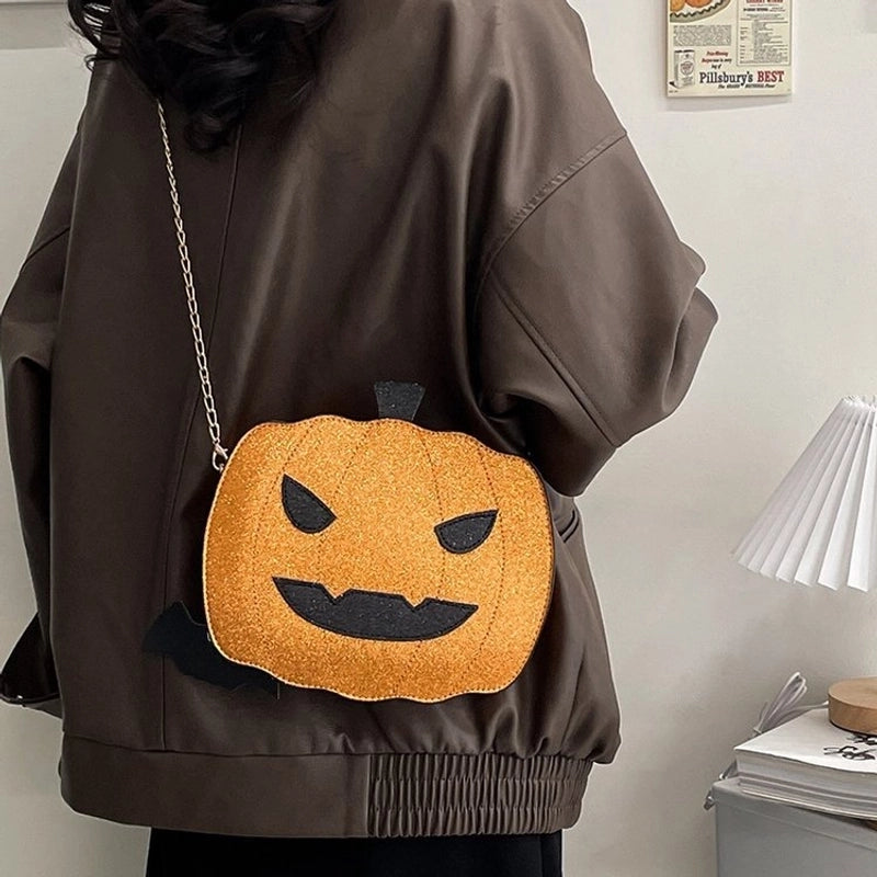 Halloween Women'S Medium PU Leather Pumpkin Streetwear Sequins Zipper Chain Bag