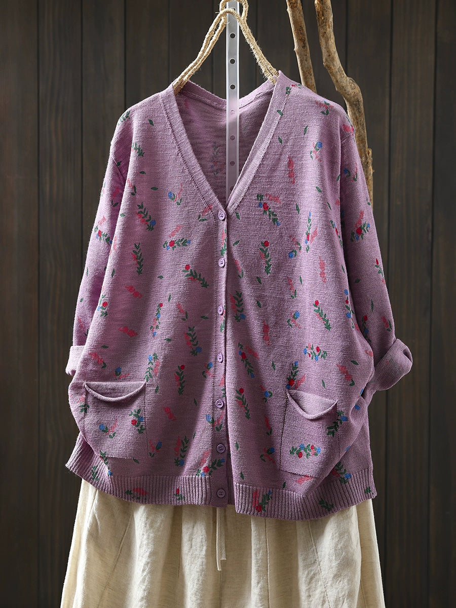 Women Summer Artsy Floral Knitted V-Neck Cotton Shirt