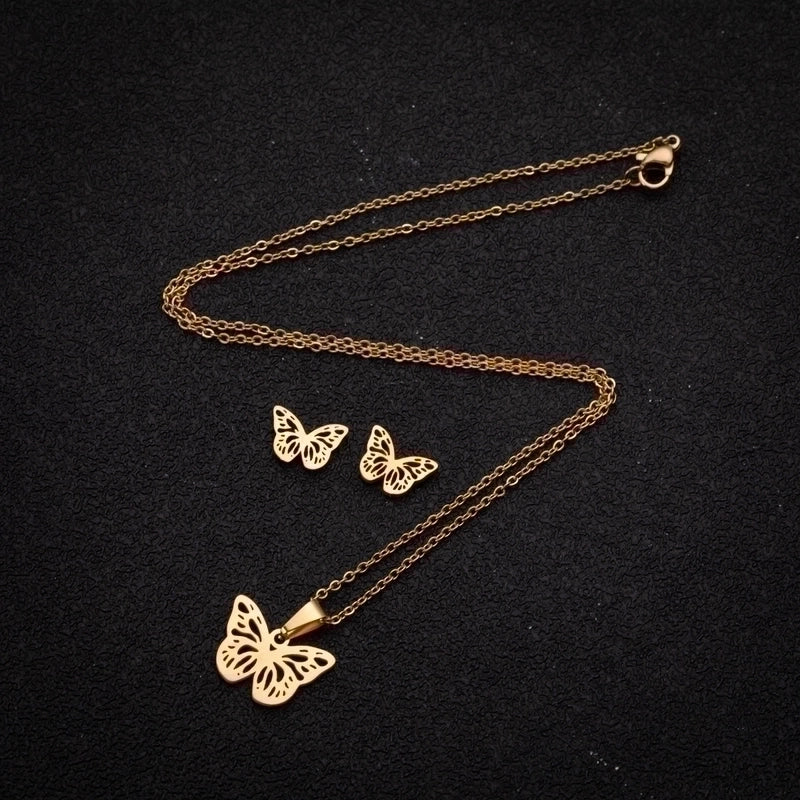 Fashion Butterfly 201 Stainless Steel 18K Gold Plated Plating Earrings Necklace