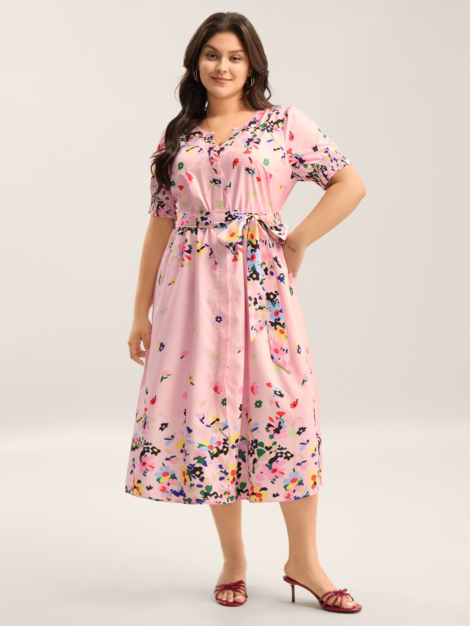 Floral Print Elastic Cuffs Belted Midi Dress