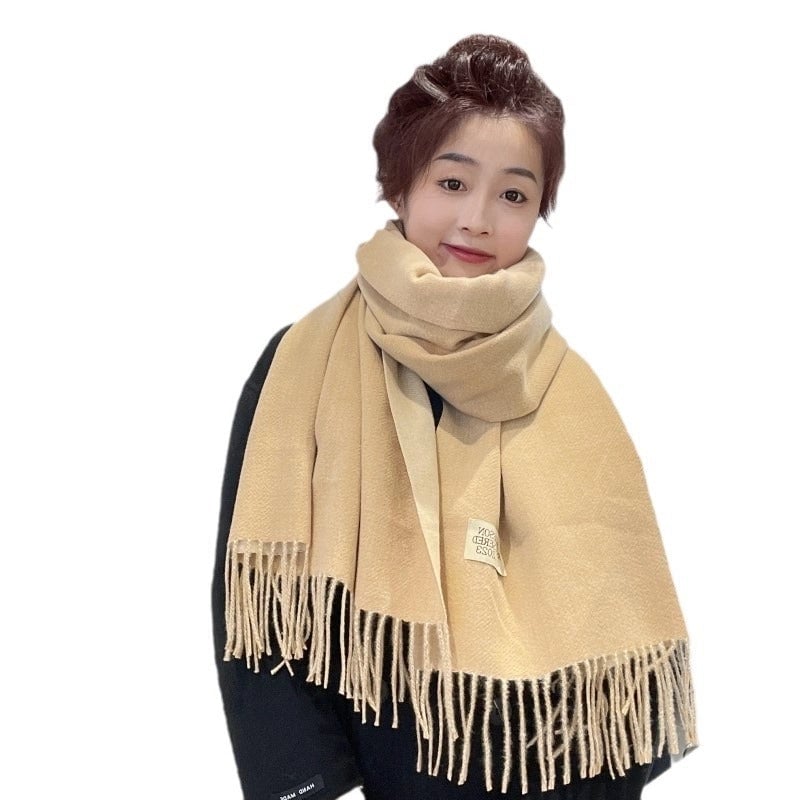 Solid Color Double-sided Tassel Scarf For Women Autumn And Winter New Warm Cashmere-like Scarf Thickened Student Shawl
