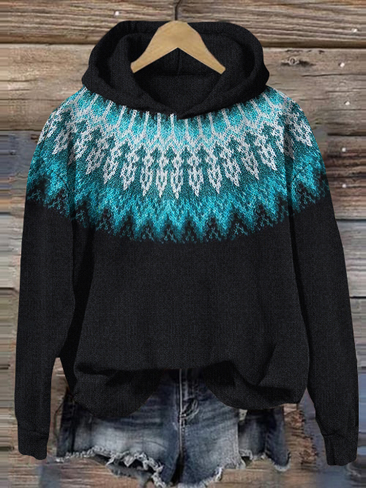 Vintage Tribal Icelandic Pattern Cozy Hooded Sweater