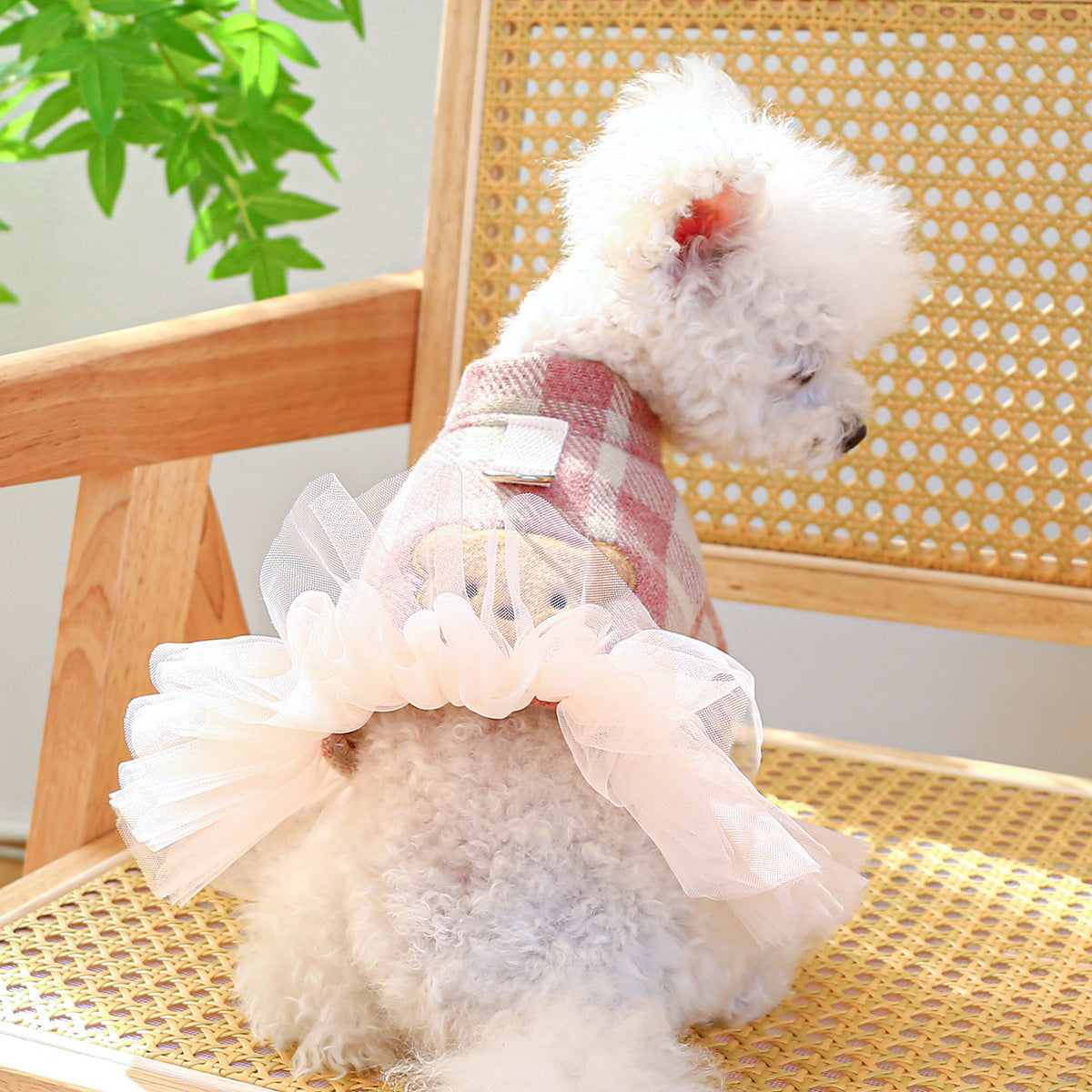 Pink Bear Printed Plaid Dog Dress/Hoodie