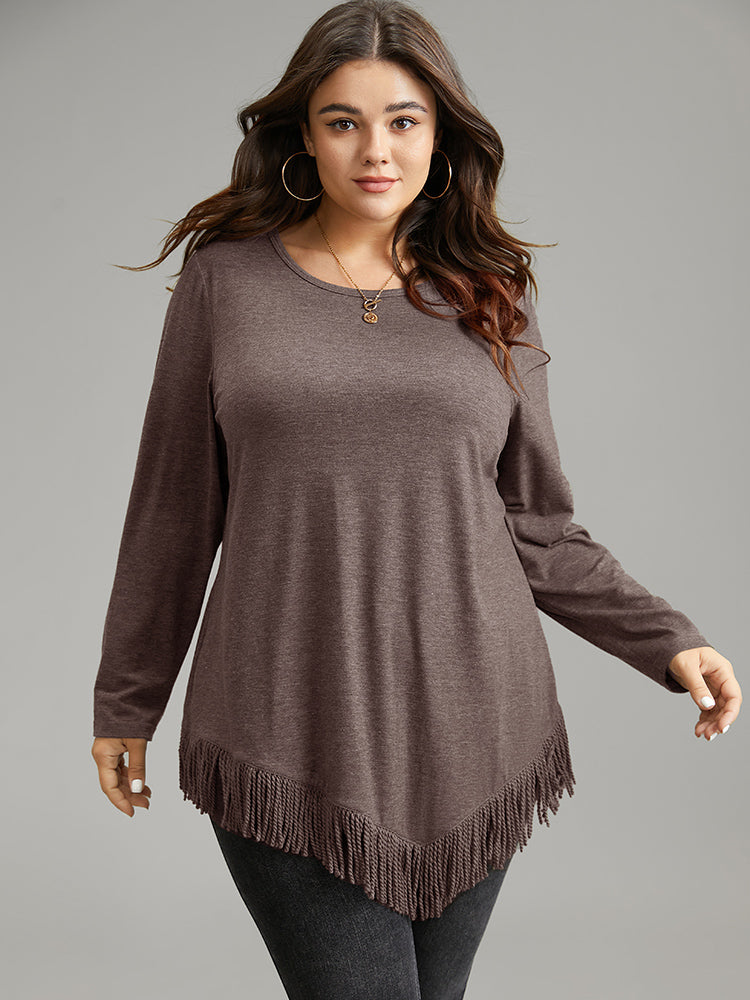 Plain Tassels Trim Hem Long Sleeve T-shirt